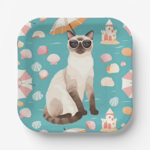 Assiettes En Carton Thème plage pour fête des amoureux de chats siamoi