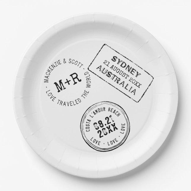 Assiettes En Carton Thème Voyage Passeport Timbre Mariage personnalisé (Devant)