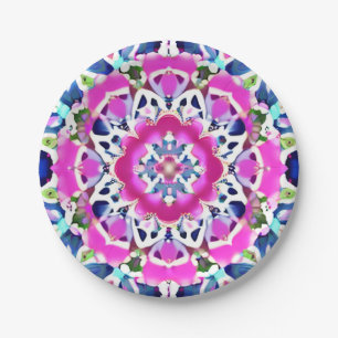 Assiettes En Carton Tie Dye Mandala Motif Denim bleu et rose