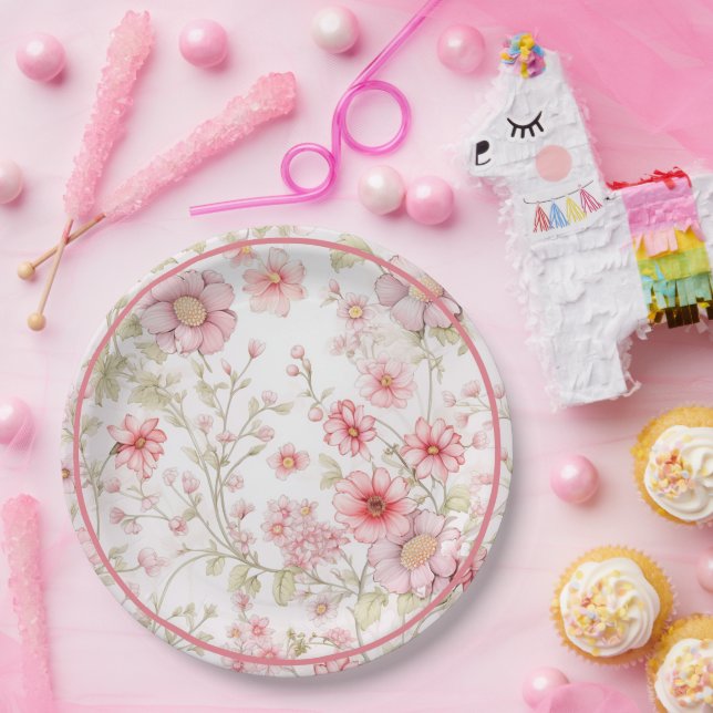 Assiettes En Carton Tiges de fleurs roses (Fête)