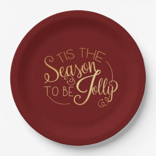 Assiettes En Carton "Tis Season" Gold Script Rouge élégant moderne