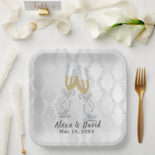 Assiettes En Carton Toast mariage Champagne Sur Damas