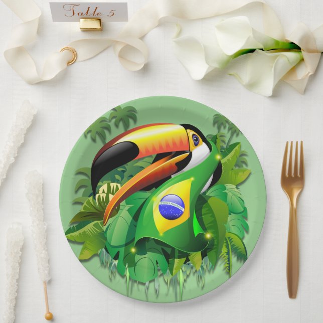 Assiettes En Carton Toco Toucan avec Cravate du drapeau brésilien (Mariage)
