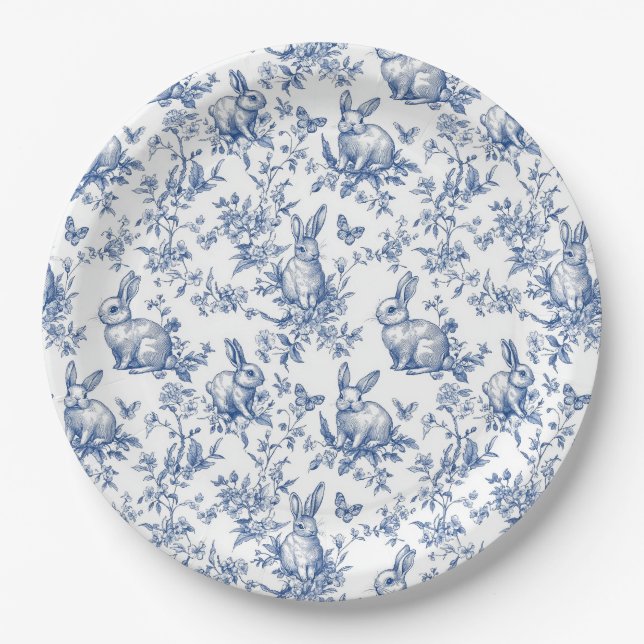 Assiettes En Carton Toile Bleue De Jouy Bunny Pâques (Devant)