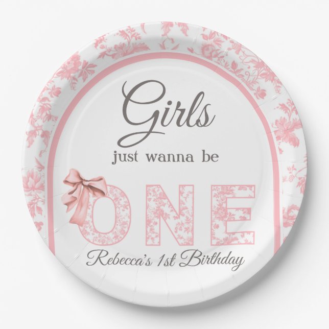 Assiettes En Carton Toile Coquette Pink Bow Girl 1er anniversaire (Devant)