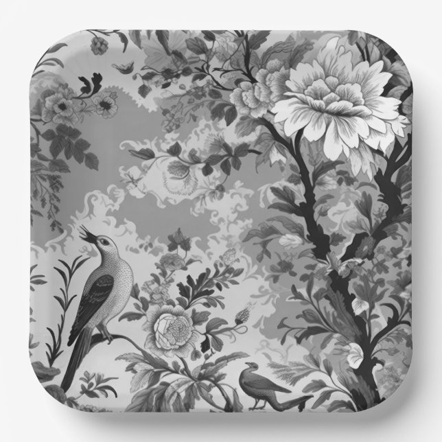 Assiettes En Carton Toile de Fleur en noir et argent (Recto)