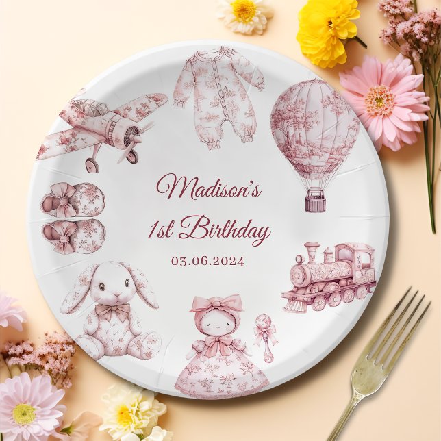 Assiettes En Carton Toile De Jouy Pink Birthday Party (Créateur téléchargé)