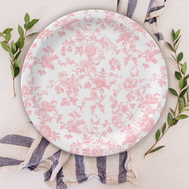 Assiettes En Carton Toile de Jouy Pink Bow Girl First 1st Birthday (Créateur téléchargé)