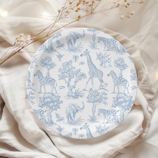 Assiettes En Carton Toile de Jouy Safari animaux Baby shower bleu (Créateur téléchargé)