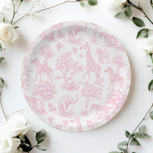 Assiettes En Carton Toile de Jouy Safari animaux Baby shower rose
