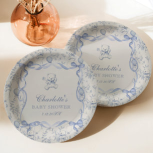 Assiettes En Carton Toile De Jouy Teddy Bear Baby shower Bleu