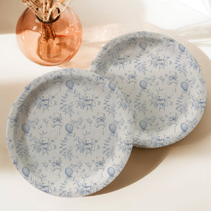 Assiettes En Carton Toile De Jouy Teddy Bear Dusty Baby shower Bleu