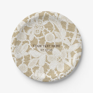 Assiettes En Carton Toile de jute et dentelle florale blanche Mariage 
