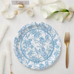 Assiettes En Carton Toile d'oiseau et fleurs bleu clair Baby Shower Je