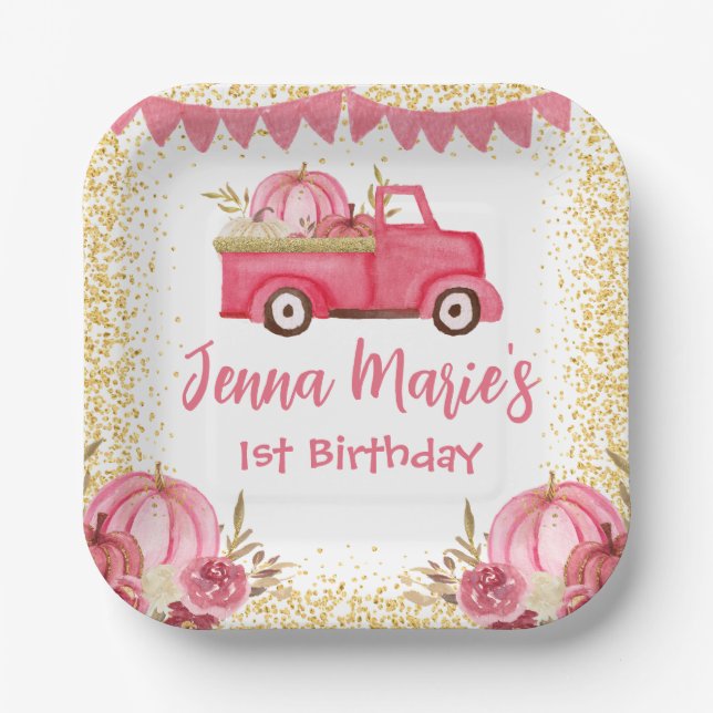 ASSIETTES EN CARTON TOMBER PINK TRUCK CITROUILLE 1ER ANNIVERSAIRE (Recto)