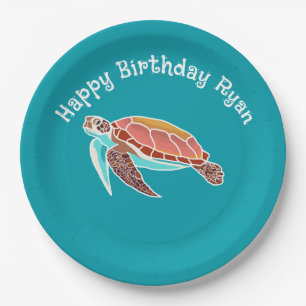 Assiettes En Carton Tortue de mer Art Bleu Turquoise