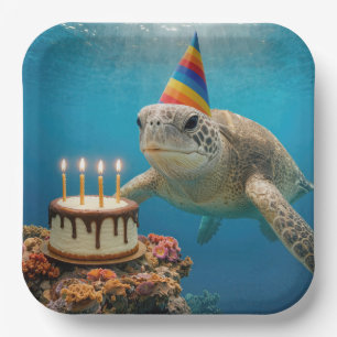 Assiettes En Carton Tortue de mer avec gâteau d'anniversaire