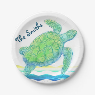 Assiettes En Carton Tortue de mer bleue et verte