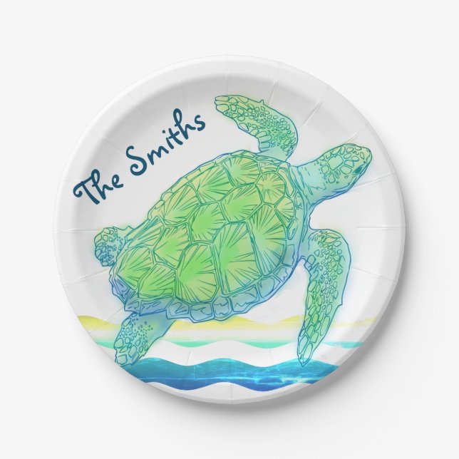 Assiettes En Carton Tortue de mer bleue et verte (Devant)