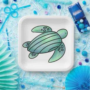 Assiettes En Carton tortue de mer peinte à l'aquarelle dessin animé bl