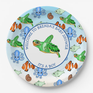 Assiettes En Carton Tortue de mer sous le Baby shower à thème marin