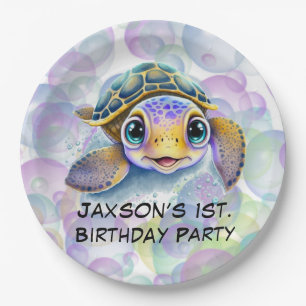 Assiettes En Carton Tortue mignonne avec bulles 1er. Fête d'anniversai