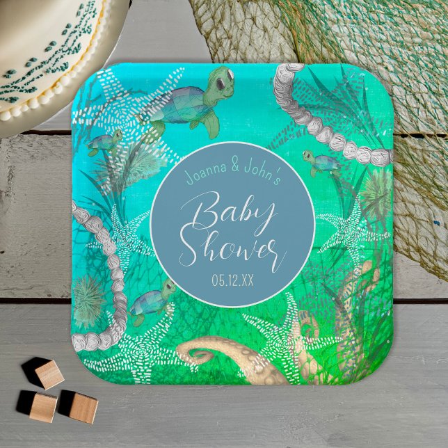 Assiettes En Carton Tortue Mignonne Sous Le Baby shower De Mer (Cute Turtle Under The Sea Baby Shower Paper Plates)