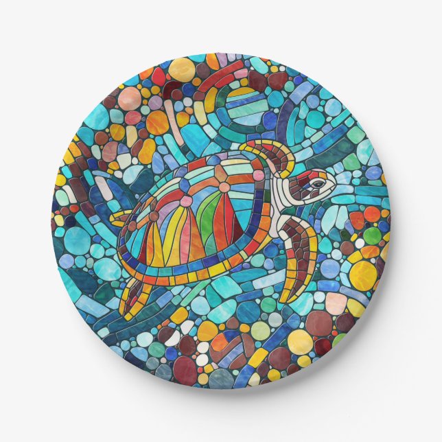 Assiettes En Carton Tortue mosaïque colorée (Devant)