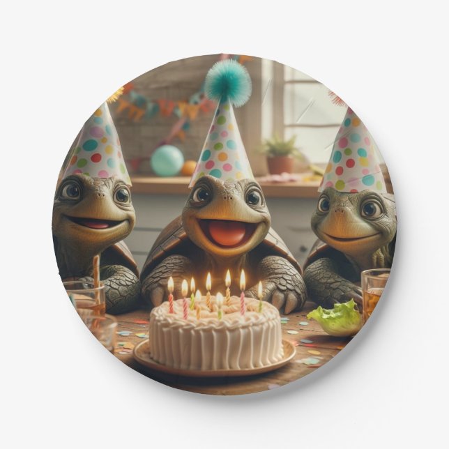 Assiettes En Carton Tortues célébrant l'anniversaire avec gâteau et ca (Devant)