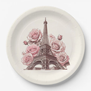 Assiettes En Carton Tour Eiffel de Paris & Roses roses
