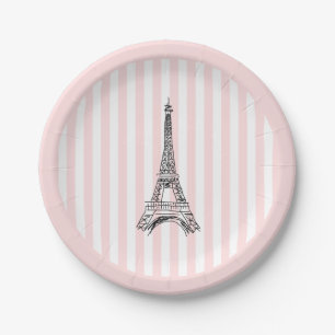 Assiettes En Carton Tour Eiffel Paris Illustration Rayure Rose
