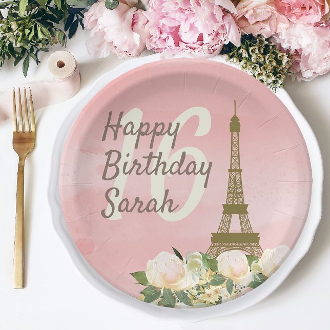 Assiettes En Carton Tour Eiffel Rose Or Douce 16 Anniversaire (Paris/Eiffel Tlower Sweet 16 paper plate)