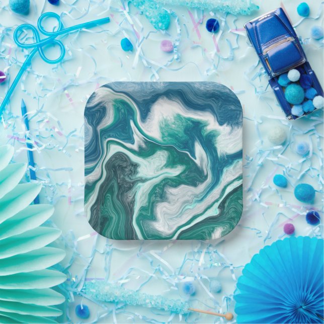 Assiettes En Carton Tourbillon Turquoise et Blue Ocean Wave (Fête)