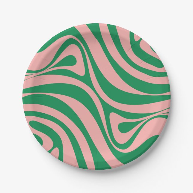 Assiettes En Carton Tourbillons super roses et verts (Devant)