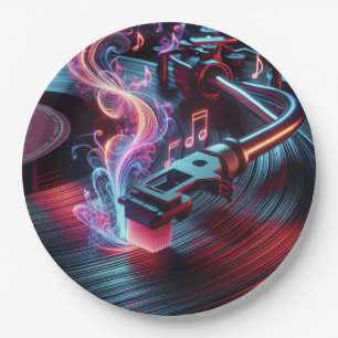 Assiettes En Carton Tourne-disque de néon avec disque vinyle