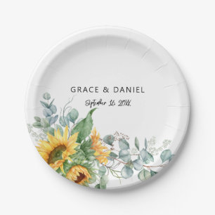 Assiettes En Carton Tournesol aquarelle rustique Eucalyptus verdure