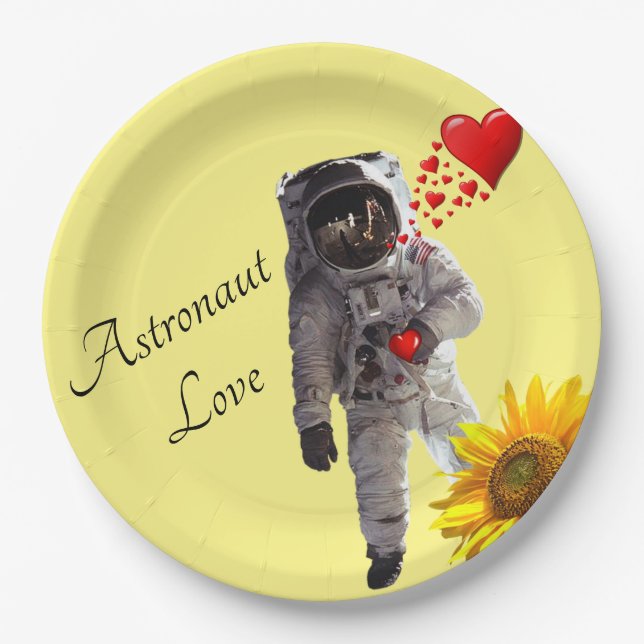 Assiettes En Carton Tournesol Astronaut Plaques en papier Coeurs rouge (Devant)