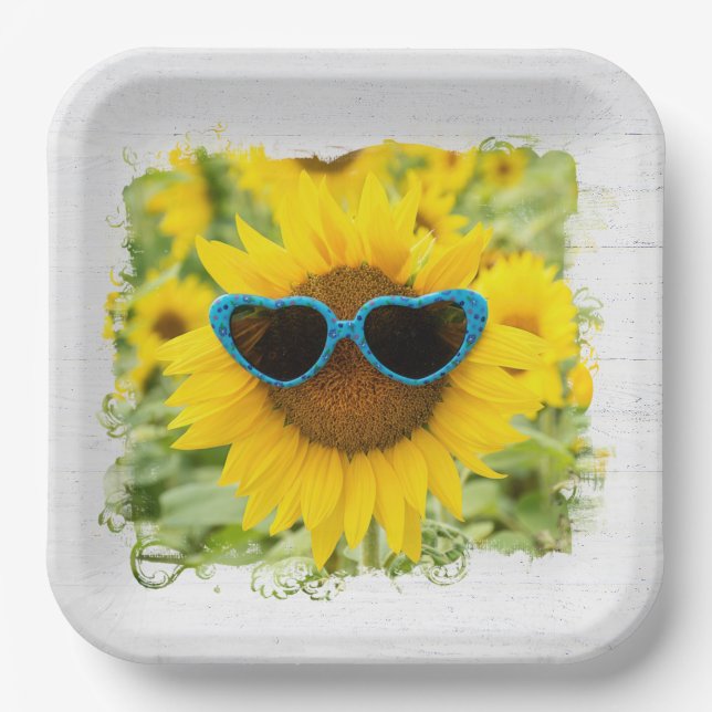 Assiettes En Carton Tournesol avec lunettes de soleil sur bois (Recto)