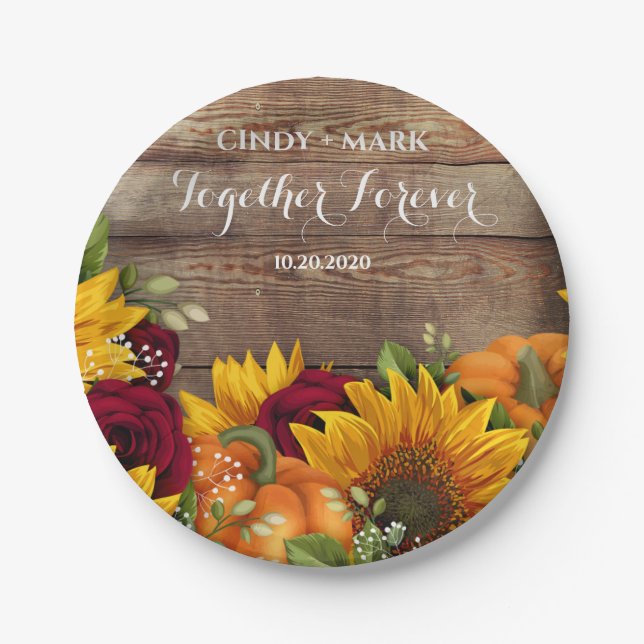 Assiettes En Carton Tournesol, Citrouille et Rose Plaques de mariage (Devant)