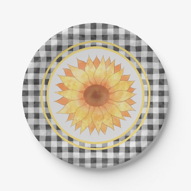 Assiettes En Carton Tournesol d'été En vichy pique-nique (Devant)