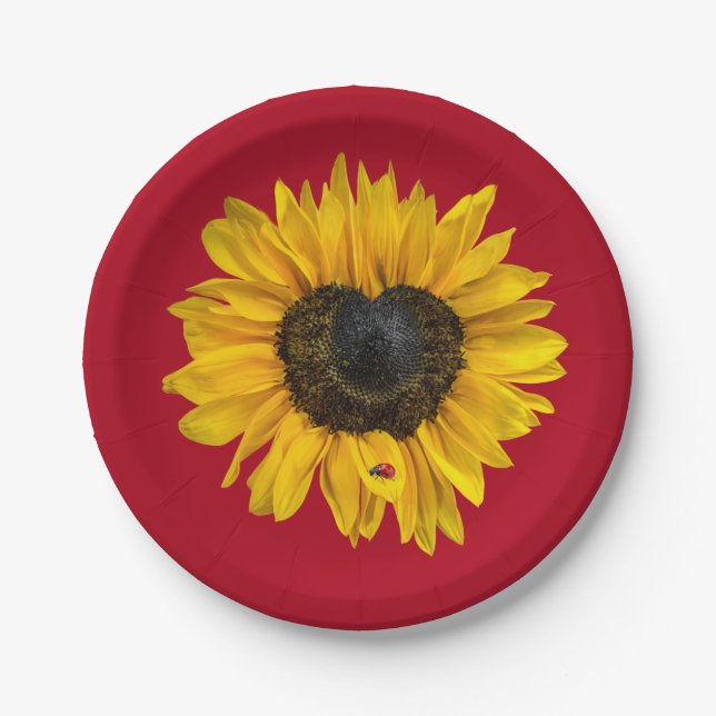 Assiettes En Carton Tournesol du coeur avec coccinelle sur rouge (Devant)
