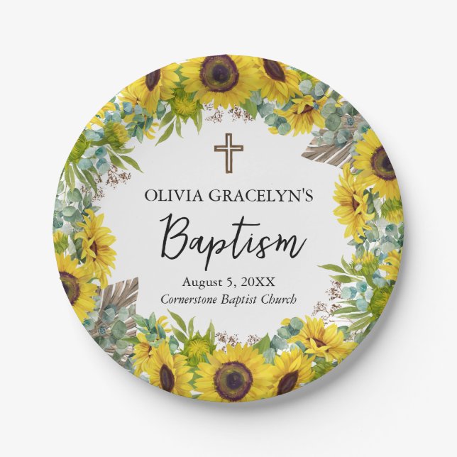 Assiettes En Carton Tournesol et Eucalyptus Boho Cross Baptême (Devant)