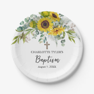 Assiettes En Carton Tournesol & Eucalyptus Boho Croix Baptême