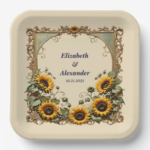 Assiettes En Carton Tournesol jaune avec cadre d'art mariage