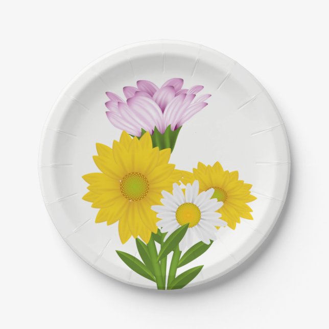 Assiettes En Carton Tournesol Jaune Floral, Fleurs pourpres Faisées (Devant)