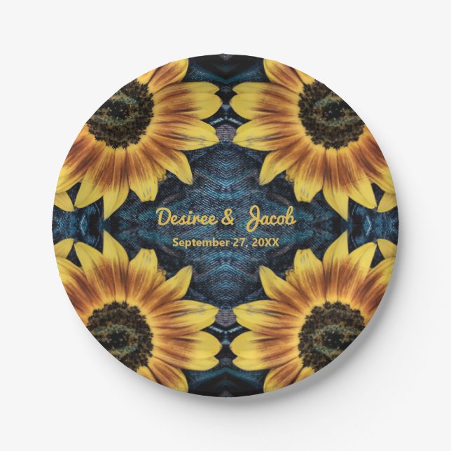 Assiettes En Carton Tournesol jaune rustique Denim Blue Jeans Mariage (Devant)