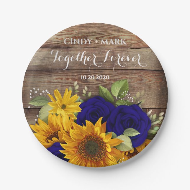 Assiettes En Carton Tournesol & Marine Roses Plaques de mariage (Devant)