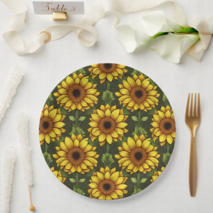 Assiettes En Carton Tournesol orange jaune avec vert et Brown