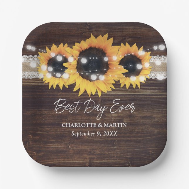 Assiettes En Carton Tournesol Rustique Bois Burlap Mariage dentelle (Recto)
