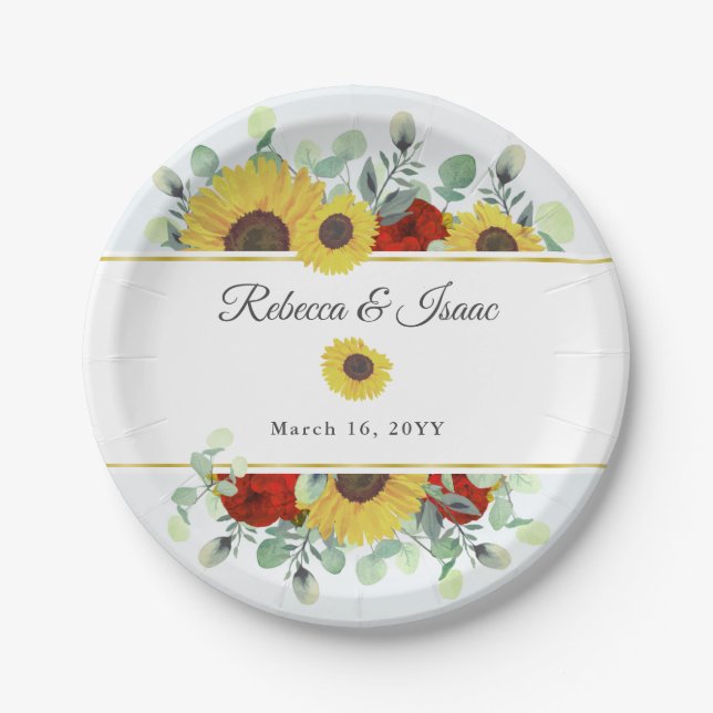 Assiettes En Carton Tournesol rustique Bourgogne Rouge Floral Mariage (Devant)